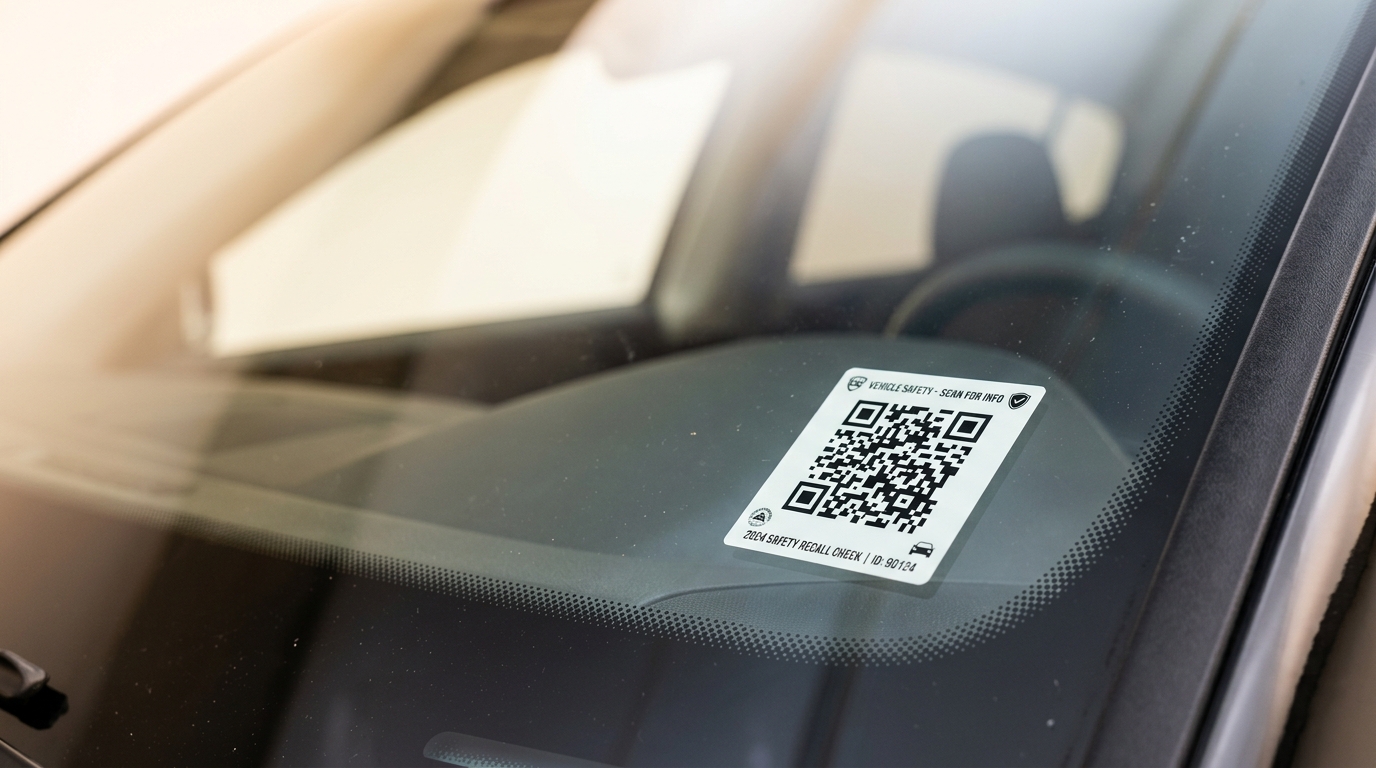 Close-up photograph of passenger windshield corner with VaahanSafe QR safety decal