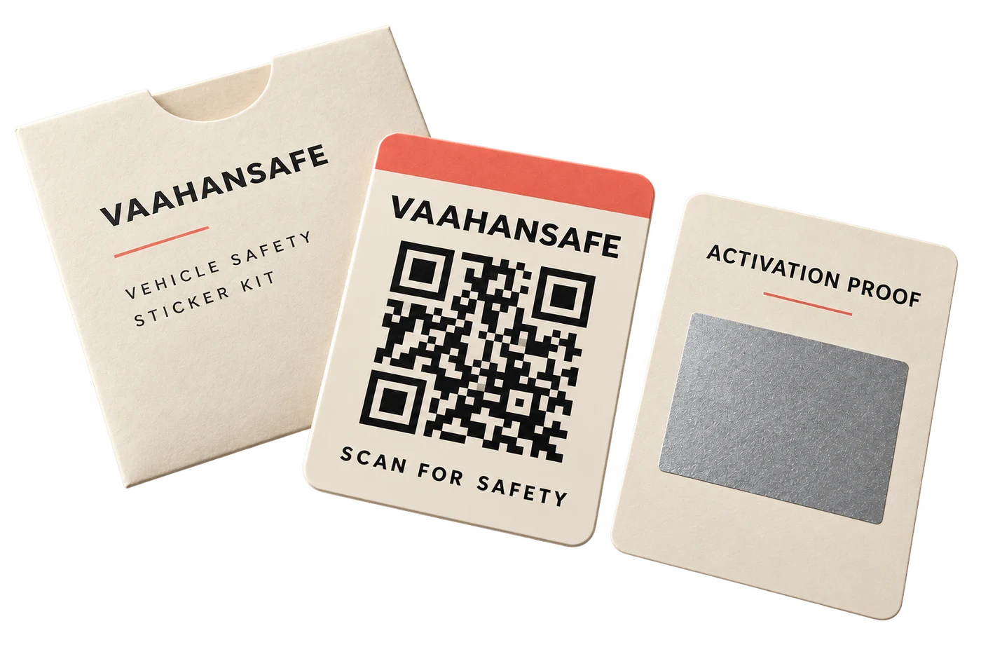 Illustrative physical VaahanSafe kit, isolated on the page's paper background